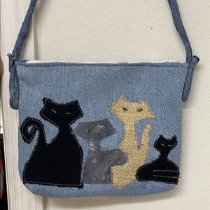 Denim Shoulder Bag with Cat Appliqué